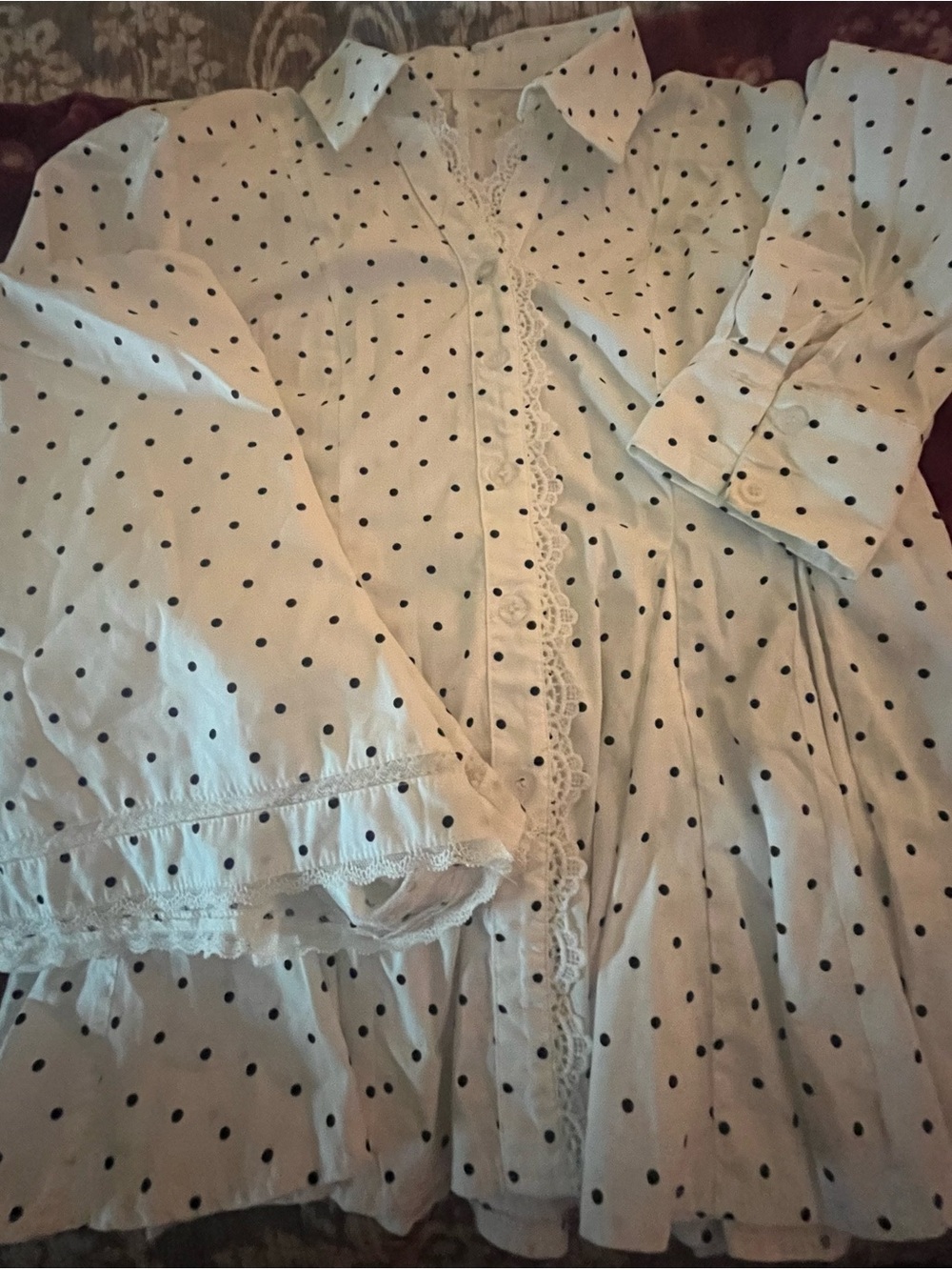 Polka Dot Lace-Trim Women's pajama set— White with Black Dots